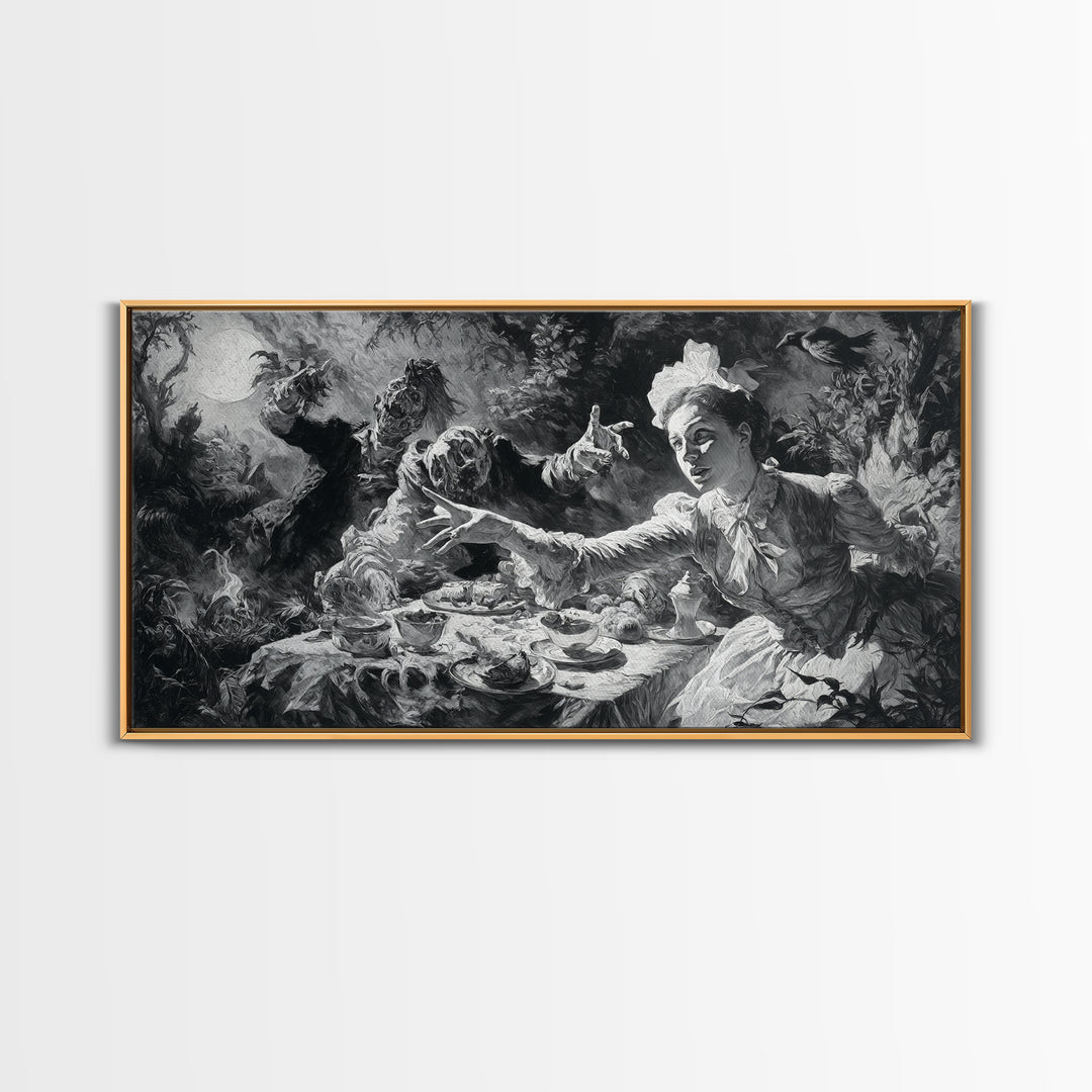 The Zombie Picnic, Dark Romantic Horror Art, Wide Panoramic Art, Gothic Horror Wall Art, Canvas Print, Halloween Wall Art