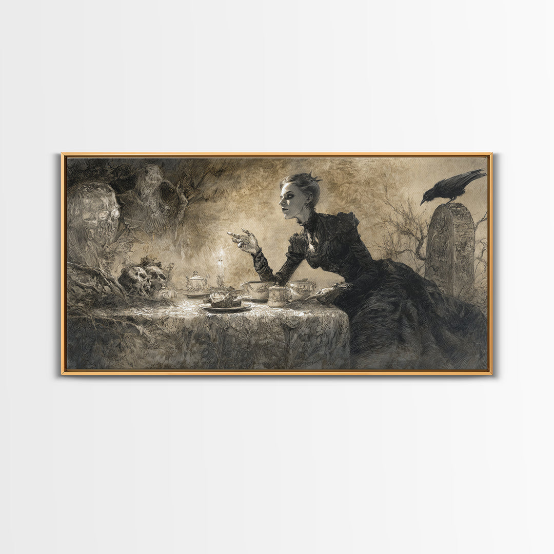 The Zombie Picnic, Symbolist Dream Art, Wide Panoramic Art, Macabre Wall Art, Framed Canvas Print, Halloween Wall Art