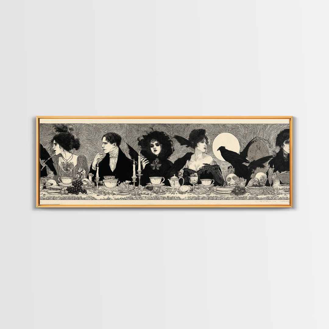 The Zombie Picnic, Decadent Line Art, Extra Wide Wall Art, Dark Halloween Decor, Framed Canvas Print, Halloween Wall Art