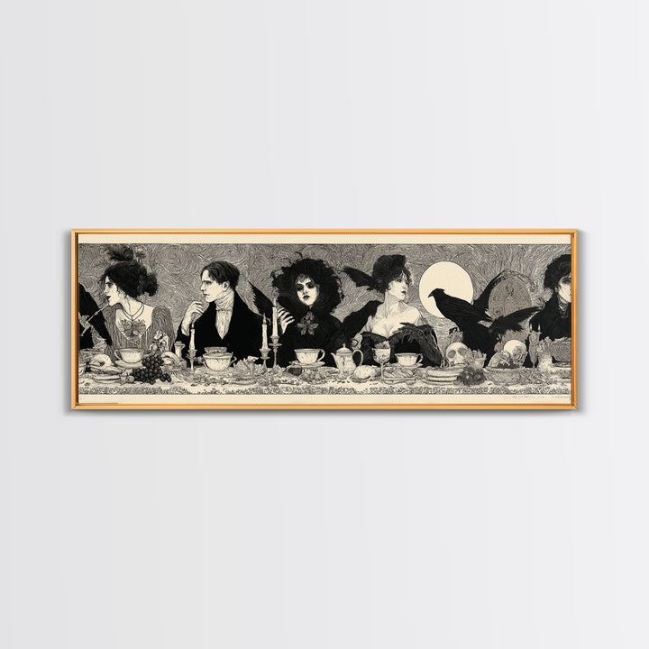 The Zombie Picnic, Decadent Line Art, Extra Wide Wall Art, Dark Halloween Decor, Framed Canvas Print, Halloween Wall Art