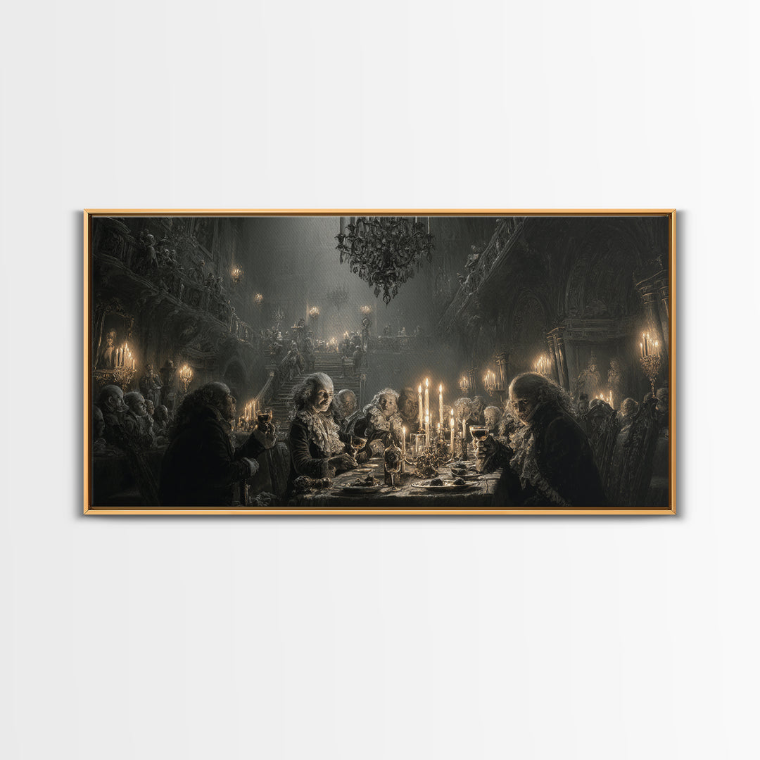 The Vampire Banquet, Architectural Etching Art, Wide Panoramic Art, Gothic Horror Wall Art, Canvas Print, Halloween Wall Art