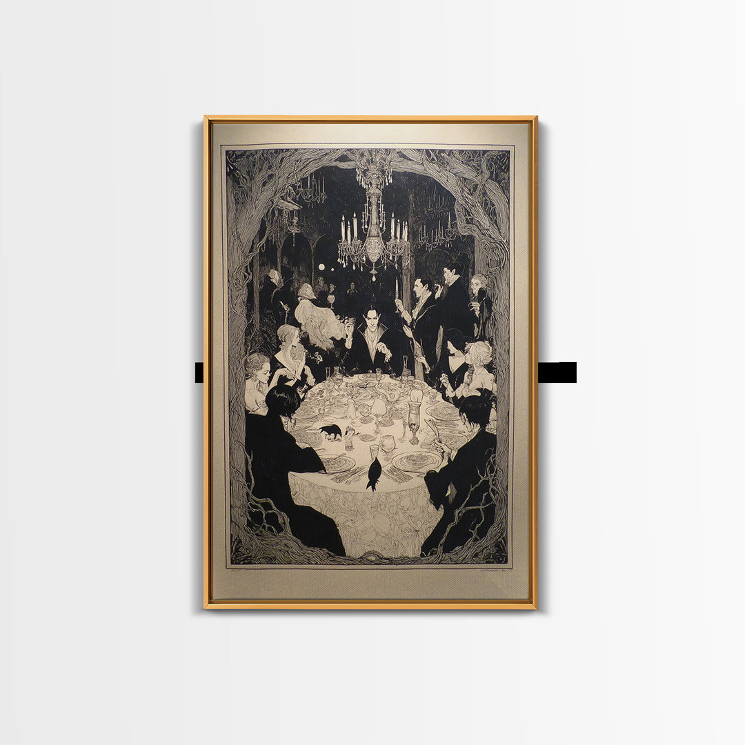 The Vampire Banquet, Decadent Line Art, Vertical Wall Art, Gothic Horror Wall Art, Framed Canvas Print, Halloween Wall Art