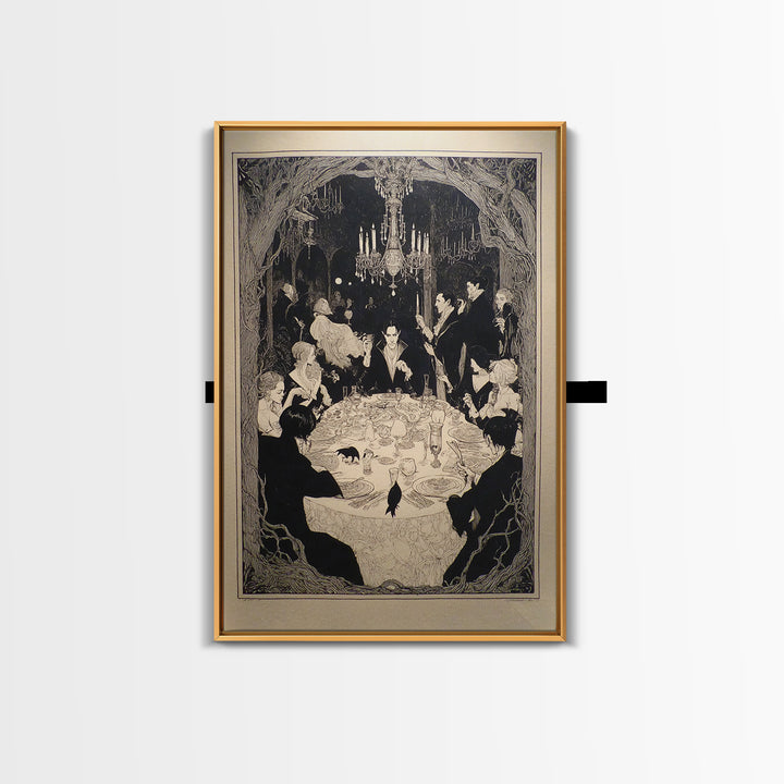 The Vampire Banquet, Decadent Line Art, Vertical Wall Art, Gothic Horror Wall Art, Framed Canvas Print, Halloween Wall Art