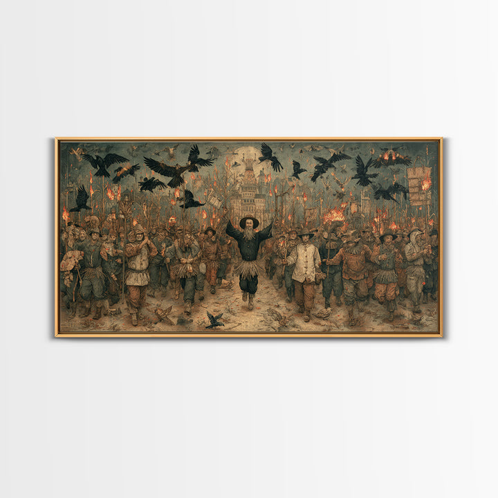 The Scarecrow Uprising, Northern Renaissance Horror, Wide Panoramic Art, Macabre Wall Art, Framed Canvas Print, Halloween Wall Art