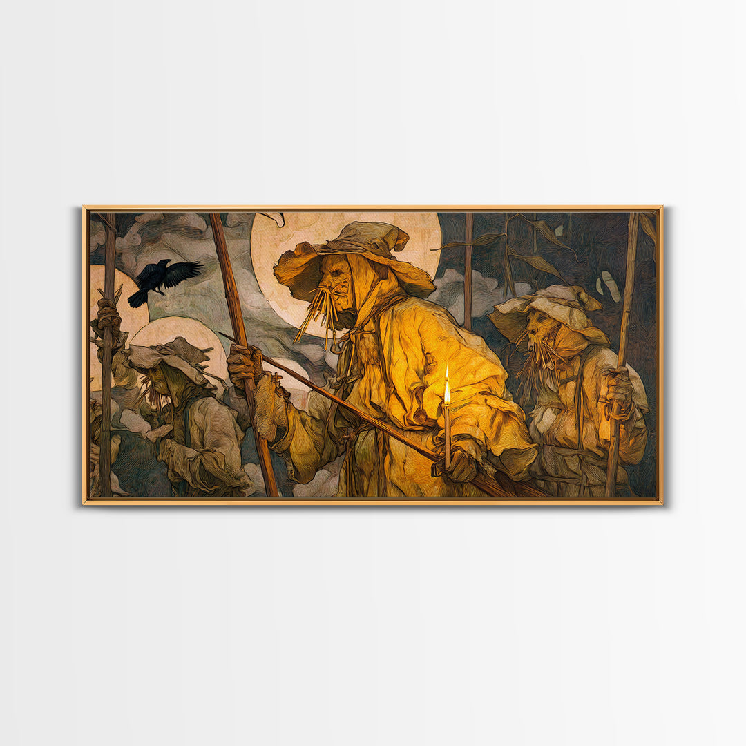 The Scarecrow Uprising, Dark Renaissance Art, Wide Panoramic Art, Dark Halloween Decor, Framed Canvas Print, Halloween Wall Art