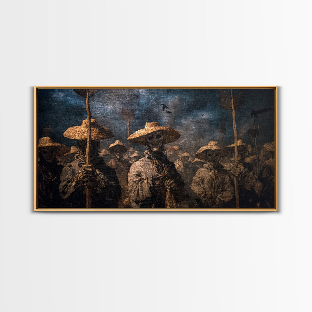 The Scarecrow Uprising, Dark Romantic Horror Art, Wide Panoramic Art, Macabre Wall Art, Framed Canvas Print, Halloween Wall Art