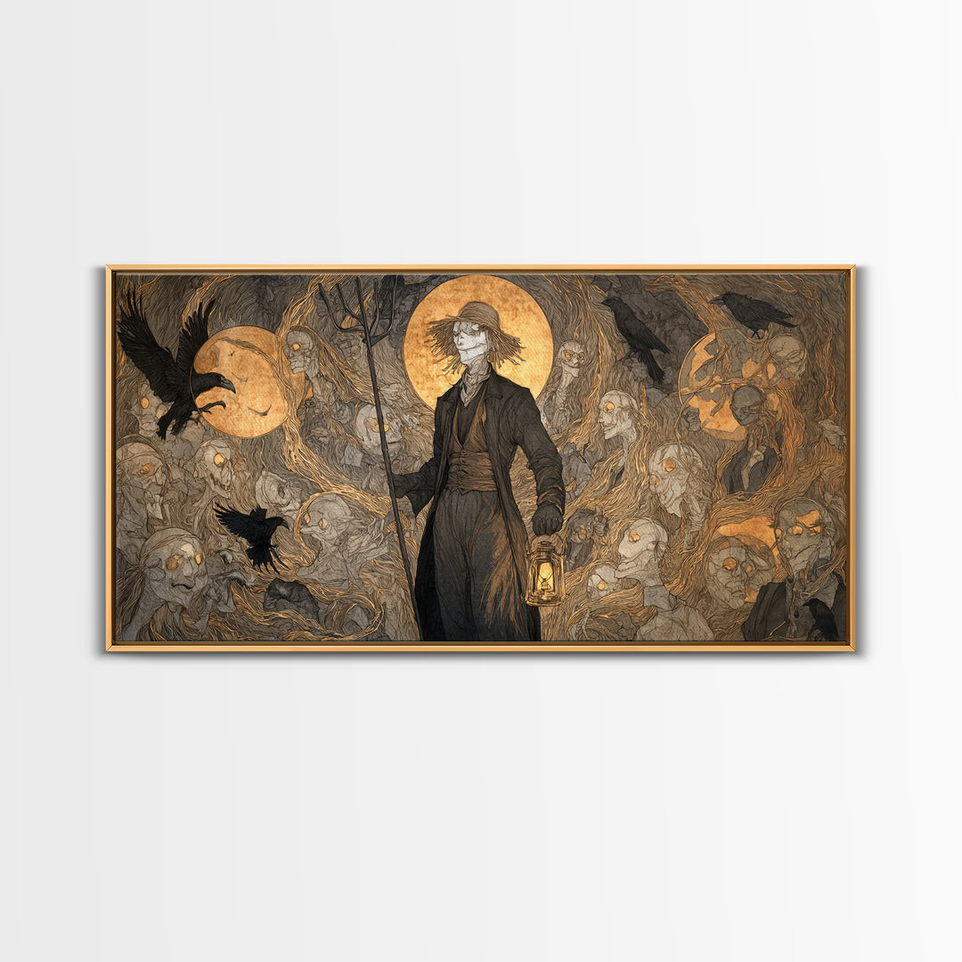 The Scarecrow Uprising, Gothic Nightmare Art, Wide Panoramic Art, Dark Halloween Decor, Framed Canvas Print, Halloween Wall Art