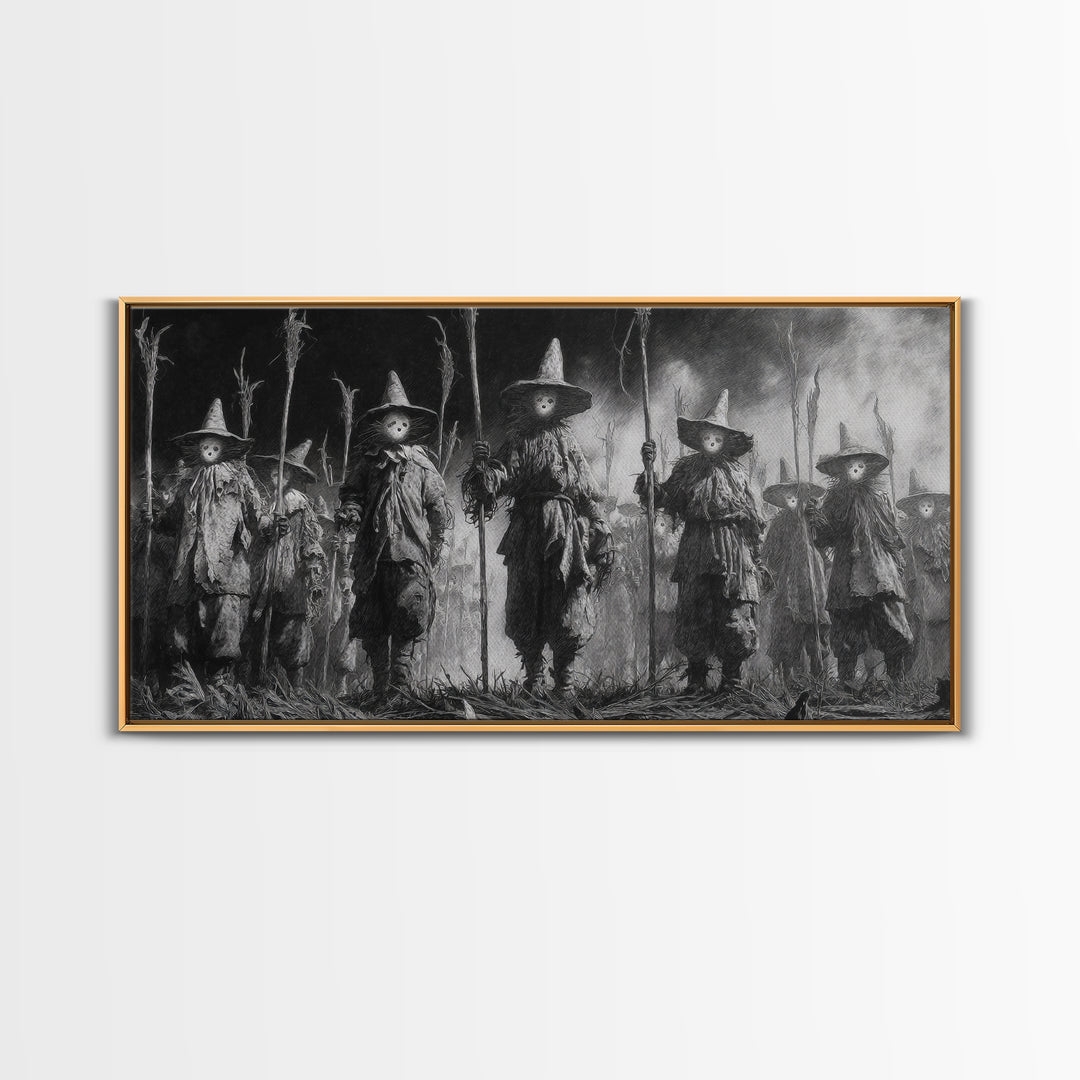 The Scarecrow Uprising, Symbolist Dream Art, Wide Panoramic Art, Dark Fantasy Wall Art, Framed Canvas Print, Halloween Wall Art