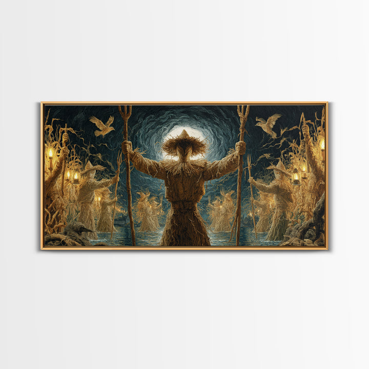 The Scarecrow Uprising, Symbolist Gothic Landscape, Wide Panoramic Art, Macabre Wall Art, Framed Canvas Print, Halloween Wall Art