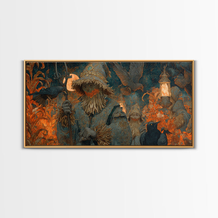 The Scarecrow Uprising, Ornate Symbolist Art, Wide Panoramic Art, Gothic Horror Wall Art, Framed Canvas Print, Halloween Wall Art
