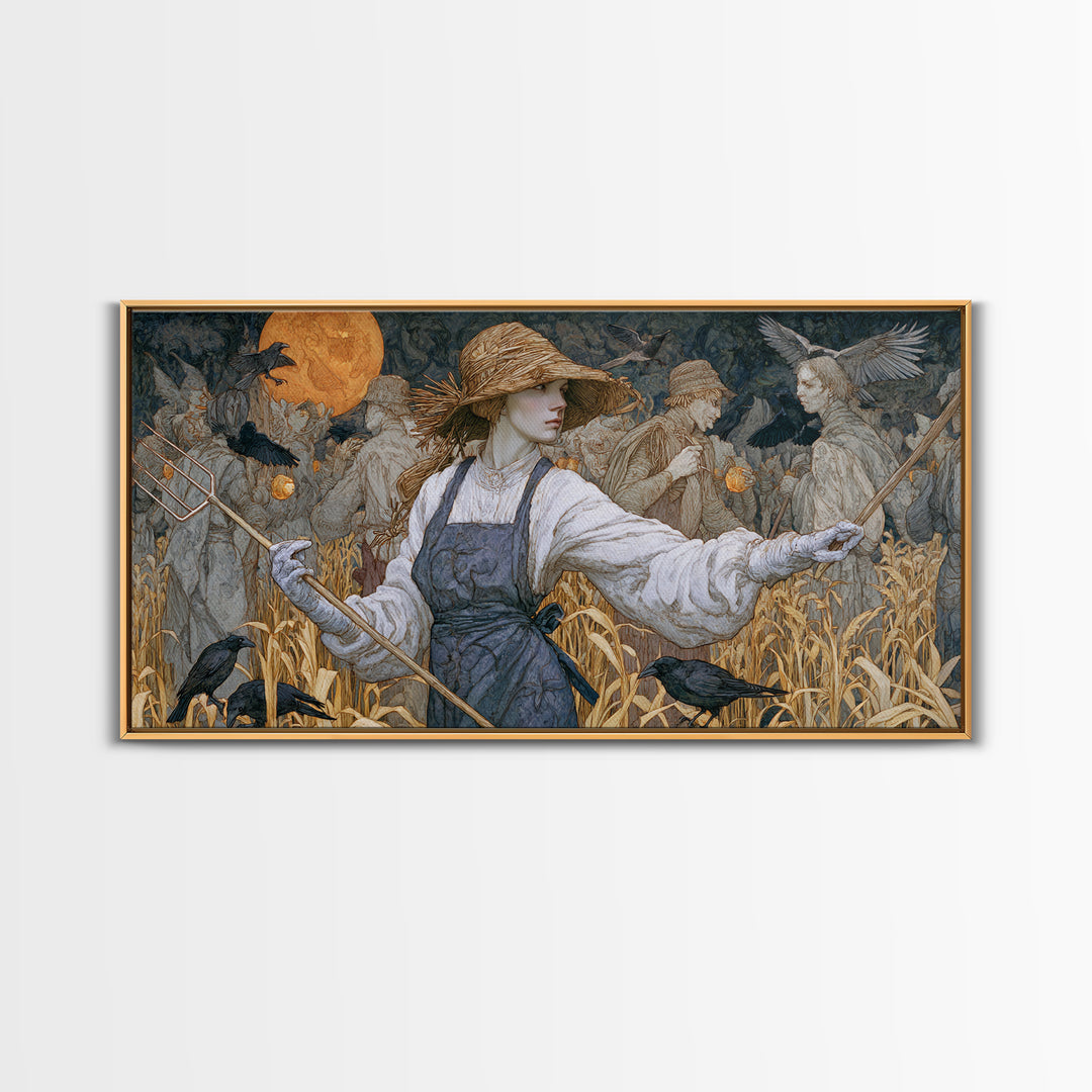 The Scarecrow Uprising, Symbolist Death Art, Wide Panoramic Art, Macabre Wall Art, Framed Canvas Print, Halloween Wall Art