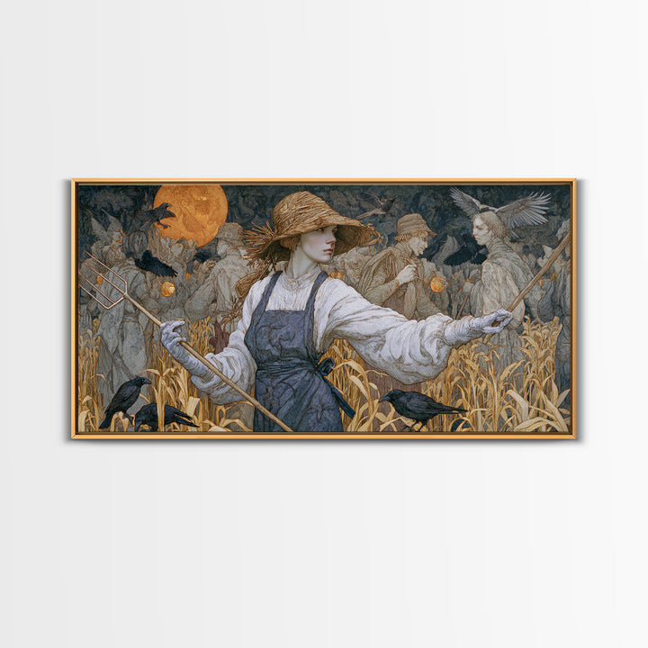 The Scarecrow Uprising, Symbolist Death Art, Wide Panoramic Art, Macabre Wall Art, Framed Canvas Print, Halloween Wall Art