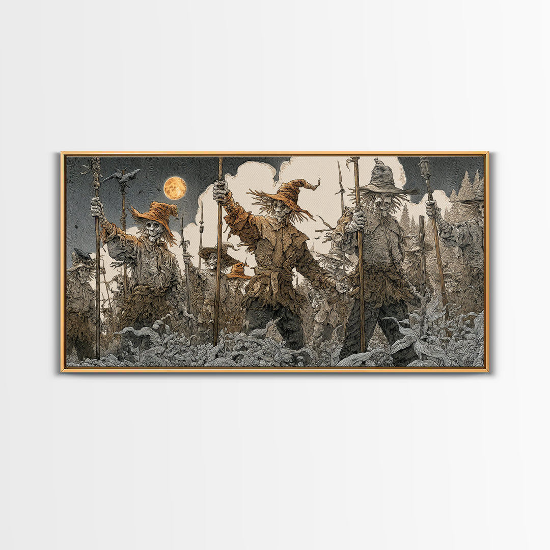 The Scarecrow Uprising, Symbolist Etching Art, Wide Panoramic Art, Macabre Wall Art, Canvas Print, Halloween Wall Art, Statement Wall Art