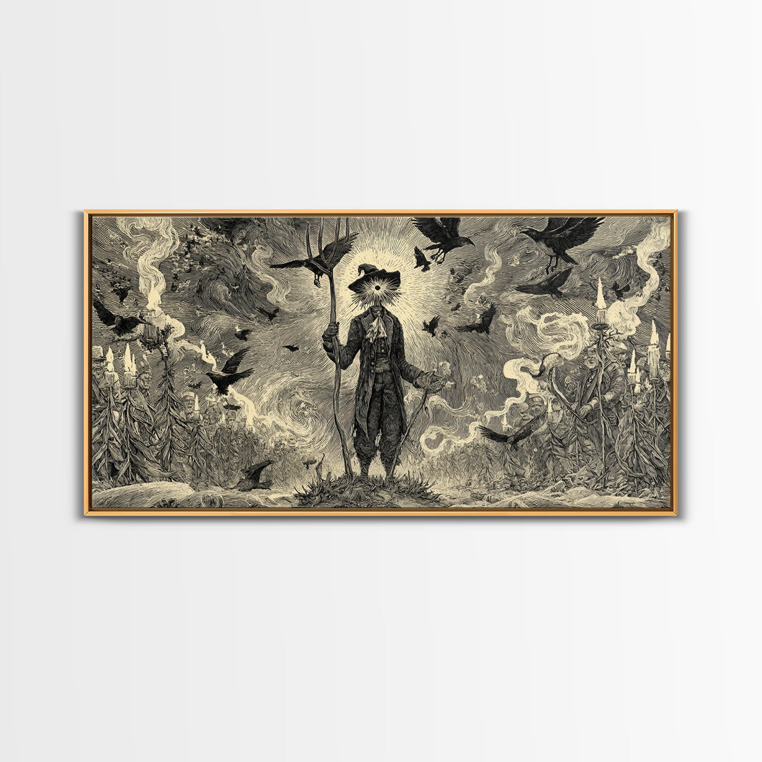 The Scarecrow Uprising, Expressionist Nightmare Art, Wide Panoramic Art, Dark Halloween Decor, Canvas Print, Halloween Wall Art