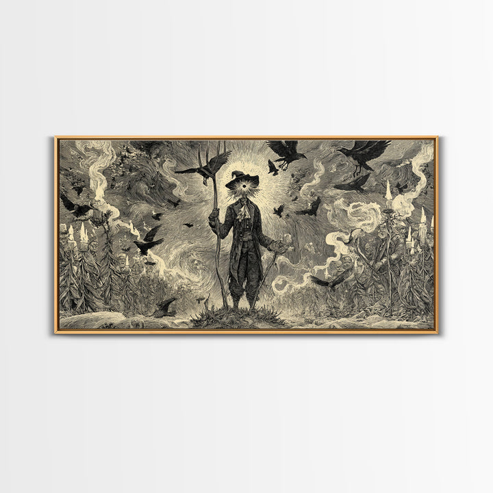 The Scarecrow Uprising, Expressionist Nightmare Art, Wide Panoramic Art, Dark Halloween Decor, Canvas Print, Halloween Wall Art