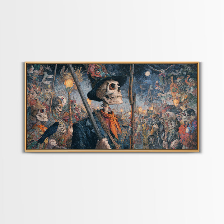 The Scarecrow Uprising, Grotesque Carnival Art, Wide Panoramic Art, Dark Halloween Decor, Framed Canvas Print, Halloween Wall Art