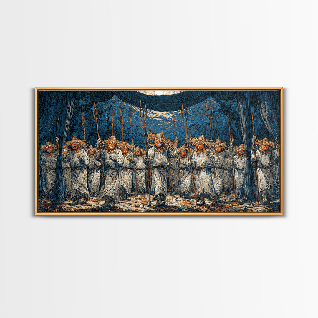 The Scarecrow Uprising, Expressionist Gothic Art, Wide Panoramic Art, Macabre Wall Art, Framed Canvas Print, Halloween Wall Art