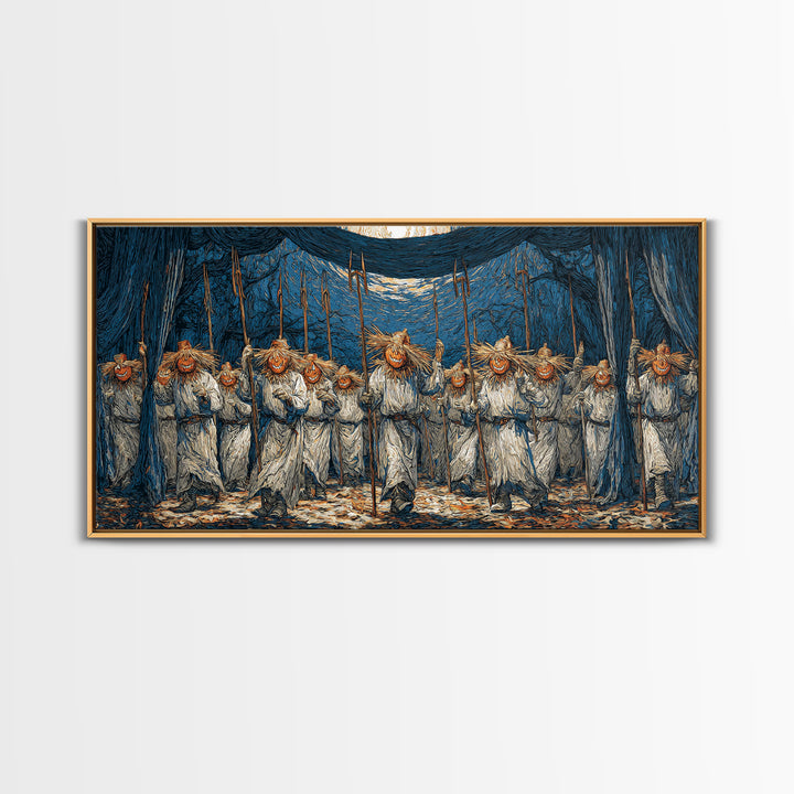 The Scarecrow Uprising, Expressionist Gothic Art, Wide Panoramic Art, Macabre Wall Art, Framed Canvas Print, Halloween Wall Art