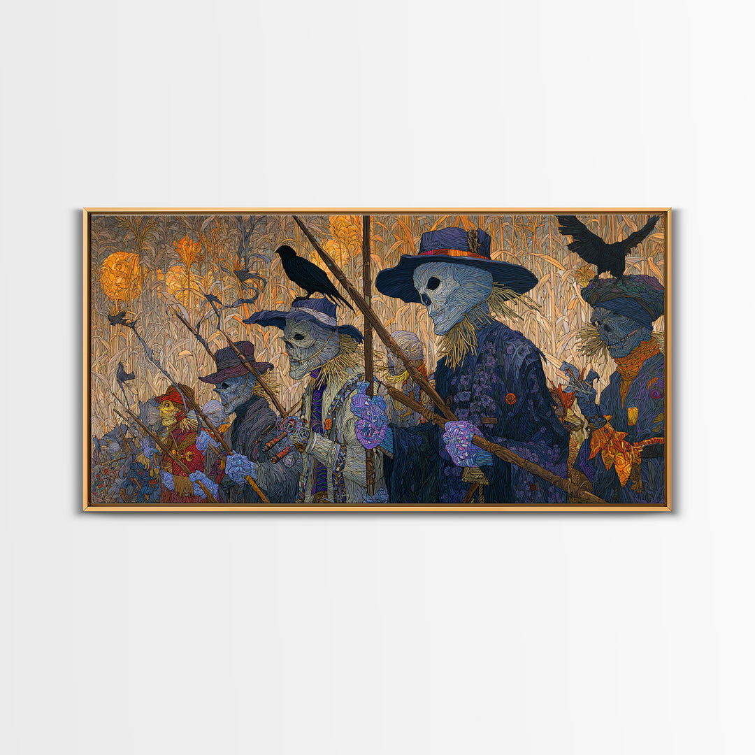The Scarecrow Uprising, Stained Glass Gothic Art, Wide Panoramic Art, Dark Halloween Decor, Canvas Print, Halloween Wall Art