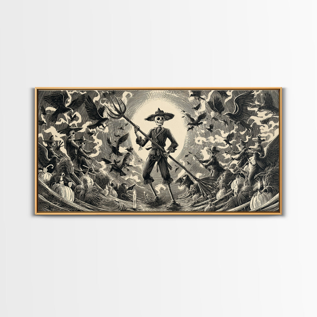 The Scarecrow Uprising, Macabre Folk Print Art, Wide Panoramic Art, Dark Fantasy Wall Art, Canvas Print, Halloween Wall Art