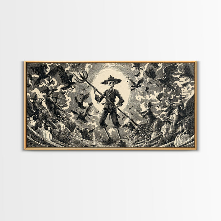 The Scarecrow Uprising, Macabre Folk Print Art, Wide Panoramic Art, Dark Fantasy Wall Art, Canvas Print, Halloween Wall Art