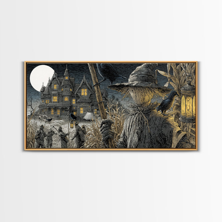 The Scarecrow Uprising, Victorian Macabre Art, Wide Panoramic Art, Macabre Wall Art, Framed Canvas Print, Halloween Wall Art