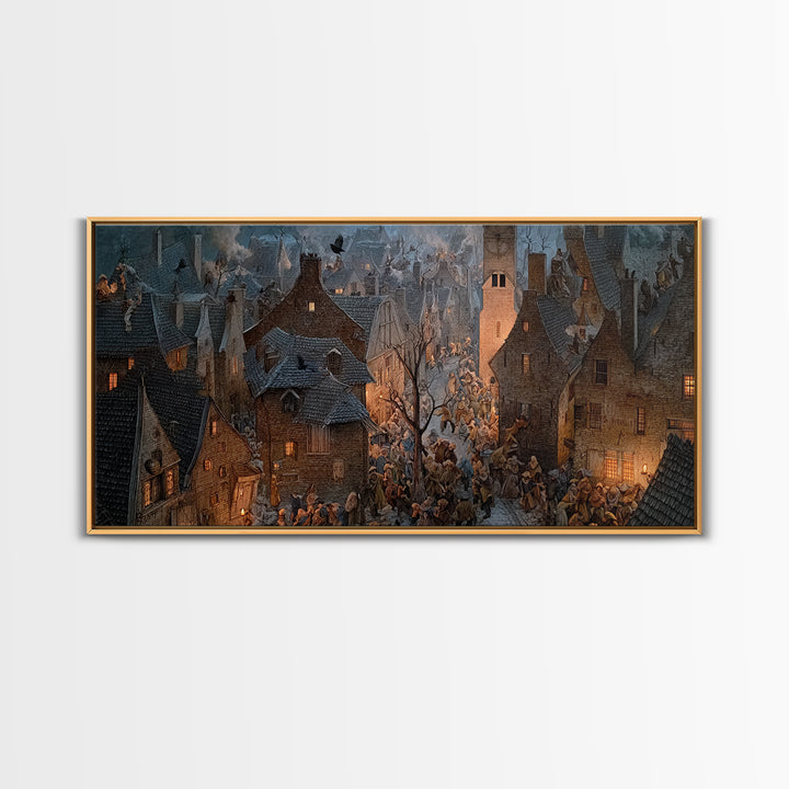 The Thirteenth Bell, Northern Renaissance Horror, Wide Panoramic Art, Dark Halloween Decor, Framed Canvas Print