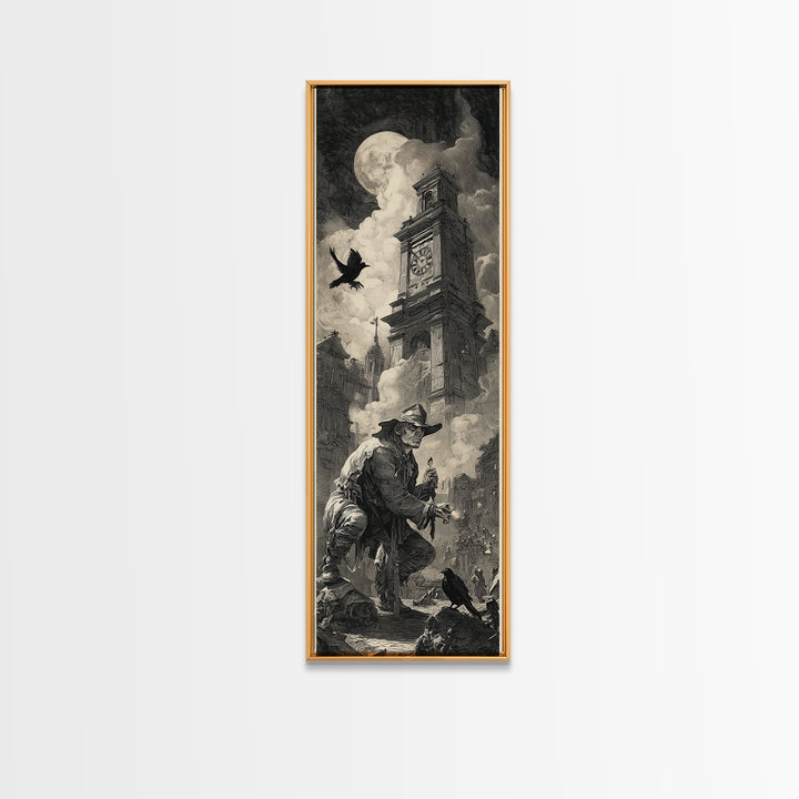 The Thirteenth Bell, Architectural Etching Art, Tall Narrow Wall Art, Gothic Horror Wall Art, Framed Canvas Print