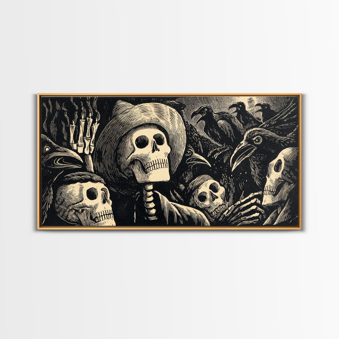 The Thirteenth Bell, Macabre Folk Print Art, Wide Panoramic Art, Macabre Wall Art, Canvas Print, Halloween Wall Art
