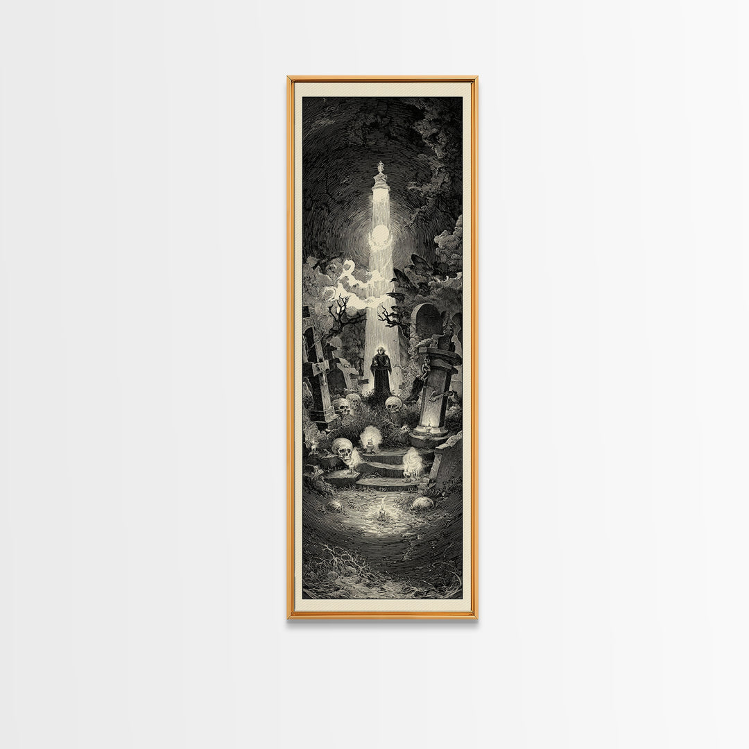 The Cemetery Lantern Festival, Gothic Engraving Art, Tall Narrow Wall Art, Gothic Horror Wall Art, Canvas Print, Halloween Wall Art