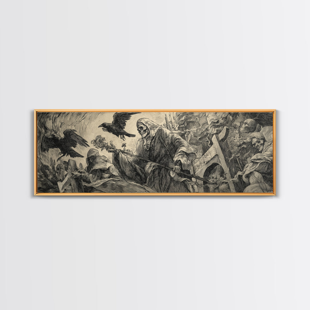 The Cemetery Lantern Festival, Renaissance Engraving Art, Extra Wide Wall Art, Macabre Wall Art, Canvas Print, Halloween Wall Art