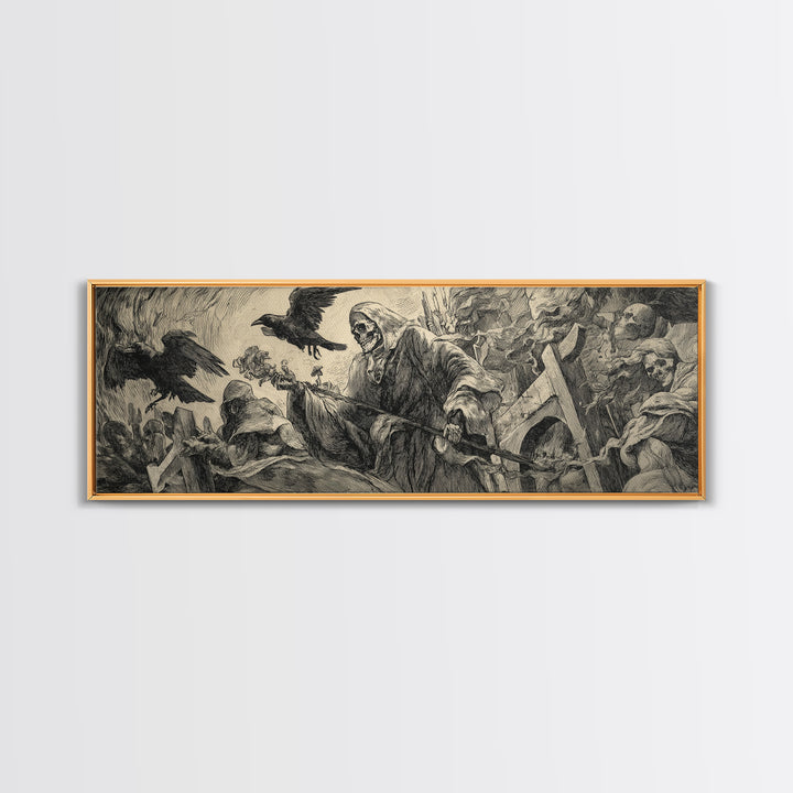 The Cemetery Lantern Festival, Renaissance Engraving Art, Extra Wide Wall Art, Macabre Wall Art, Canvas Print, Halloween Wall Art