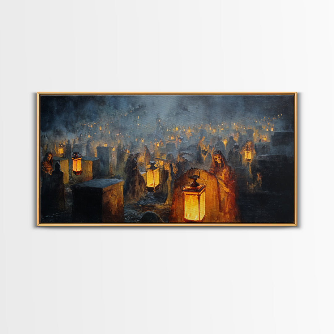 The Cemetery Lantern Festival, Dark Romantic Horror Art, Wide Panoramic Art, Gothic Horror Wall Art, Framed Canvas Print