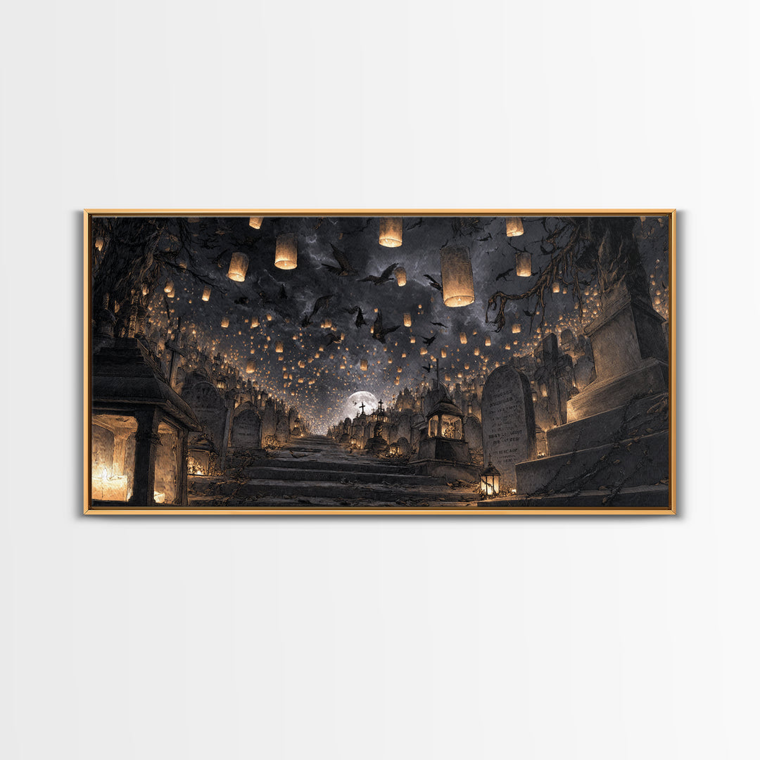 The Cemetery Lantern Festival, Architectural Etching Art, Wide Panoramic Art, Gothic Horror Wall Art, Framed Canvas Print
