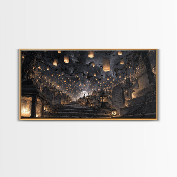 The Cemetery Lantern Festival, Architectural Etching Art, Wide Panoramic Art, Gothic Horror Wall Art, Framed Canvas Print