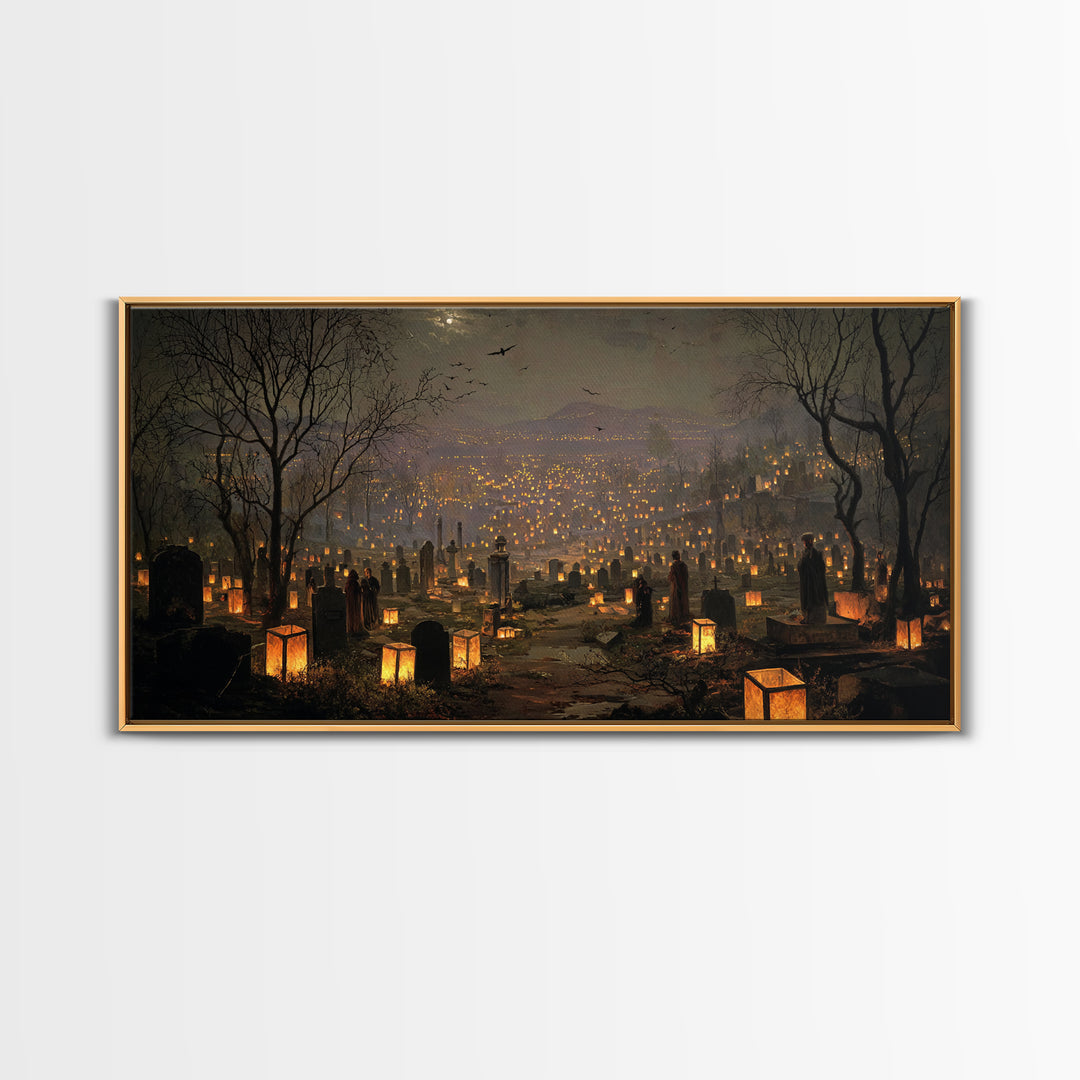 The Cemetery Lantern Festival, Romantic Gothic Landscape, Wide Panoramic Art, Dark Fantasy Wall Art, Framed Canvas Print