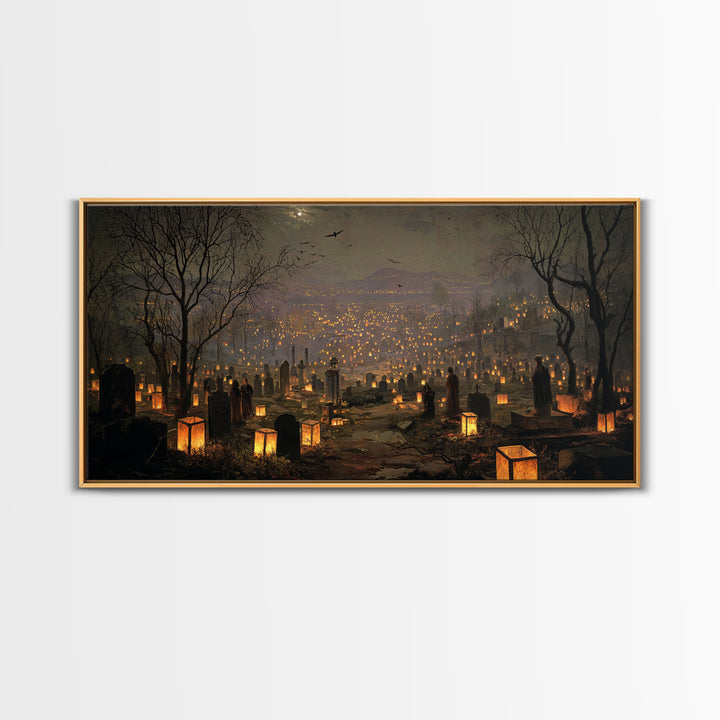 The Cemetery Lantern Festival, Romantic Gothic Landscape, Wide Panoramic Art, Dark Fantasy Wall Art, Framed Canvas Print