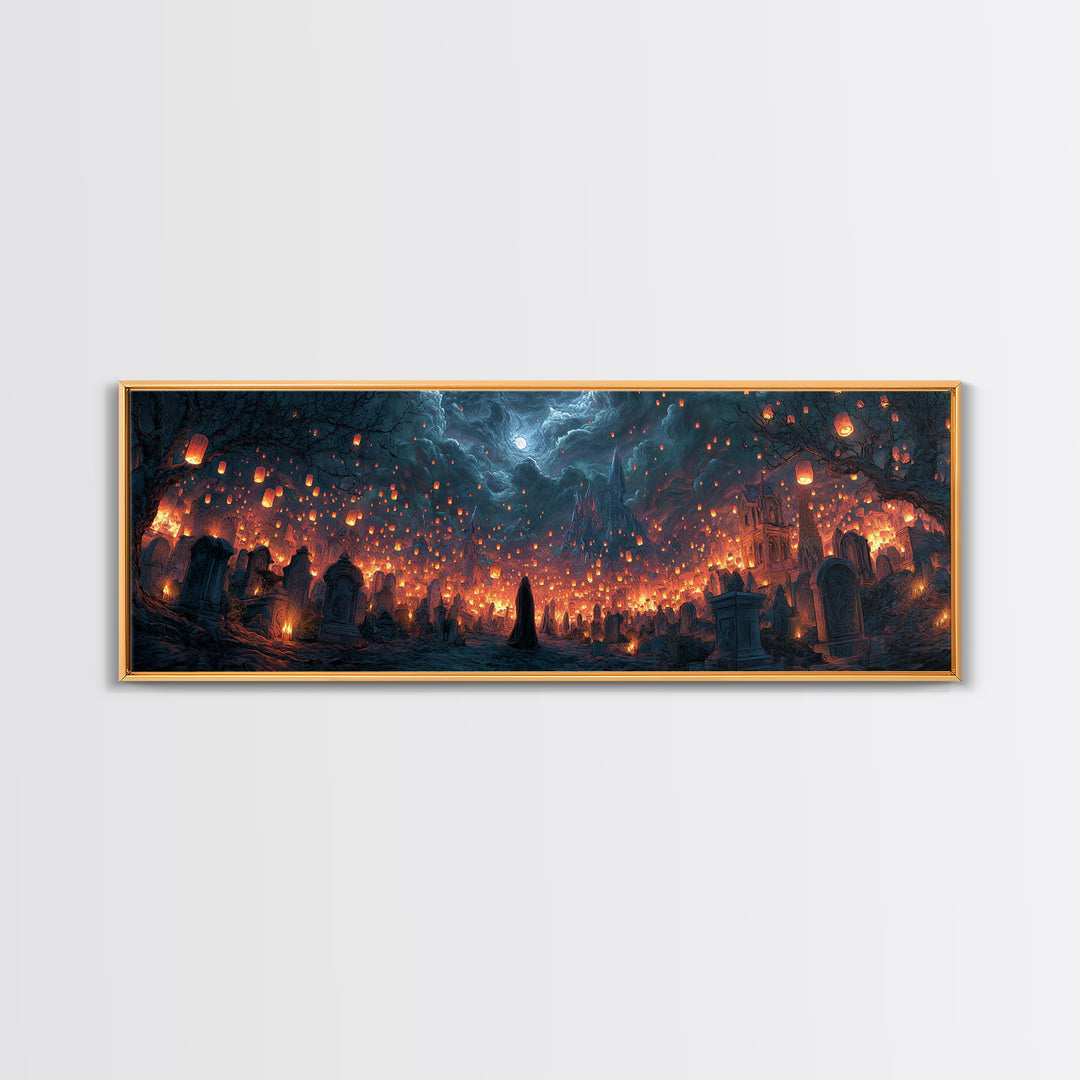 The Cemetery Lantern Festival, Apocalyptic Romantic Art, Extra Wide Wall Art, Dark Fantasy Wall Art, Framed Canvas Print, Halloween Wall Art