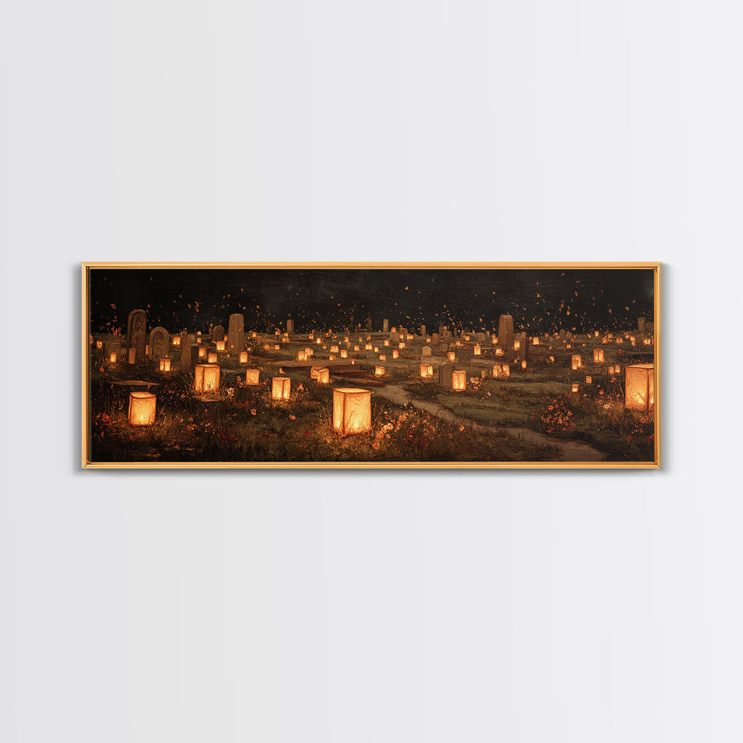 The Cemetery Lantern Festival, Symbolist Dream Art, Extra Wide Wall Art, Dark Fantasy Wall Art, Framed Canvas Print, Halloween Decor