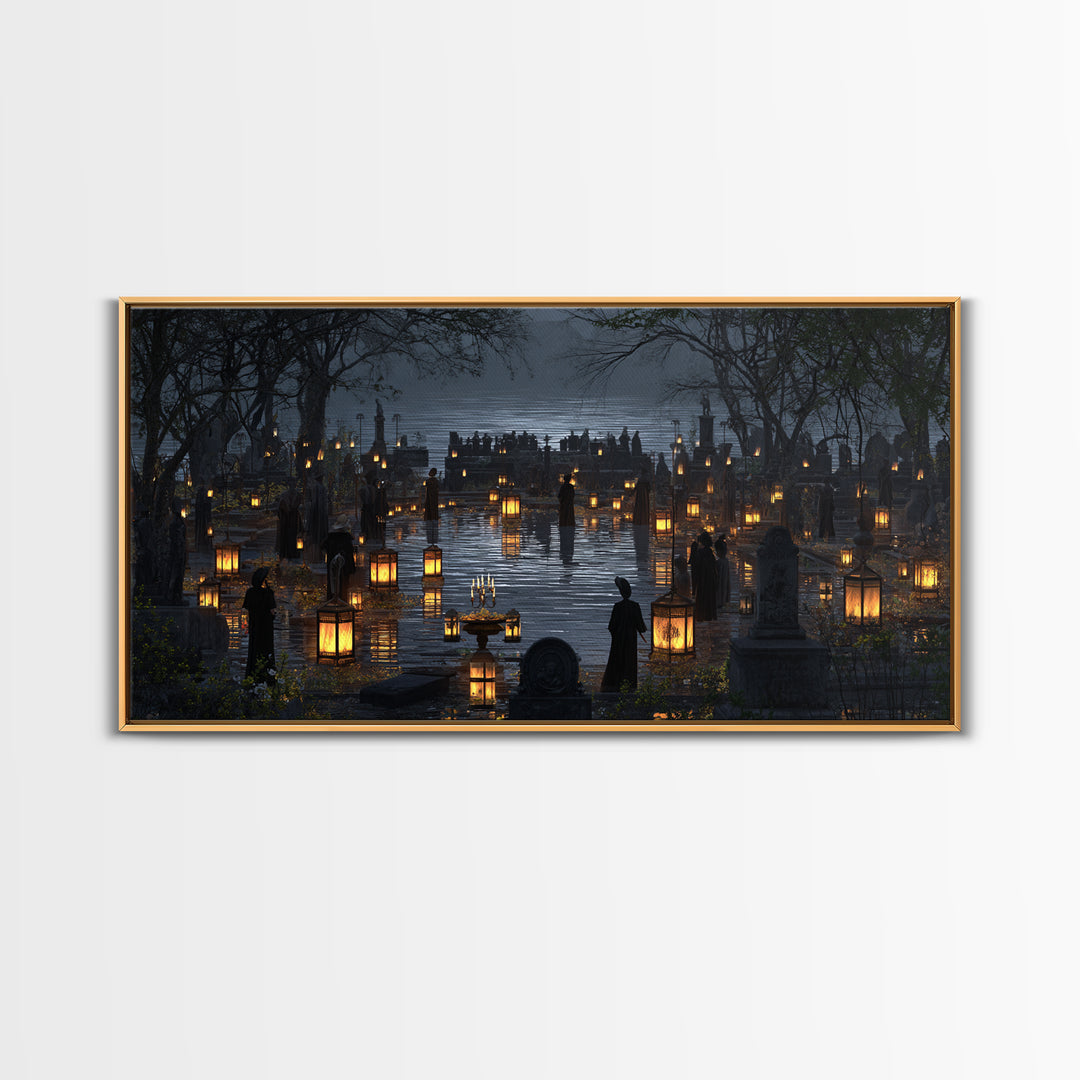 The Cemetery Lantern Festival, Symbolist Gothic Landscape, Wide Panoramic Art, Dark Fantasy Wall Art, Canvas Print, Halloween Wall Art