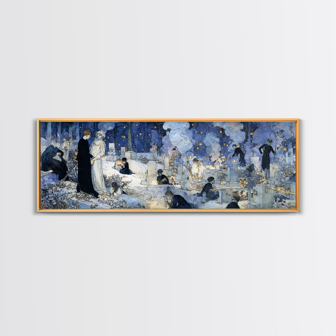 The Cemetery Lantern Festival, Symbolist Death Art, Extra Wide Wall Art, Macabre Wall Art, Framed Canvas Print, Halloween Wall Art