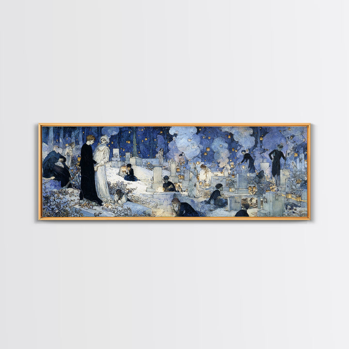 The Cemetery Lantern Festival, Symbolist Death Art, Extra Wide Wall Art, Macabre Wall Art, Framed Canvas Print, Halloween Wall Art