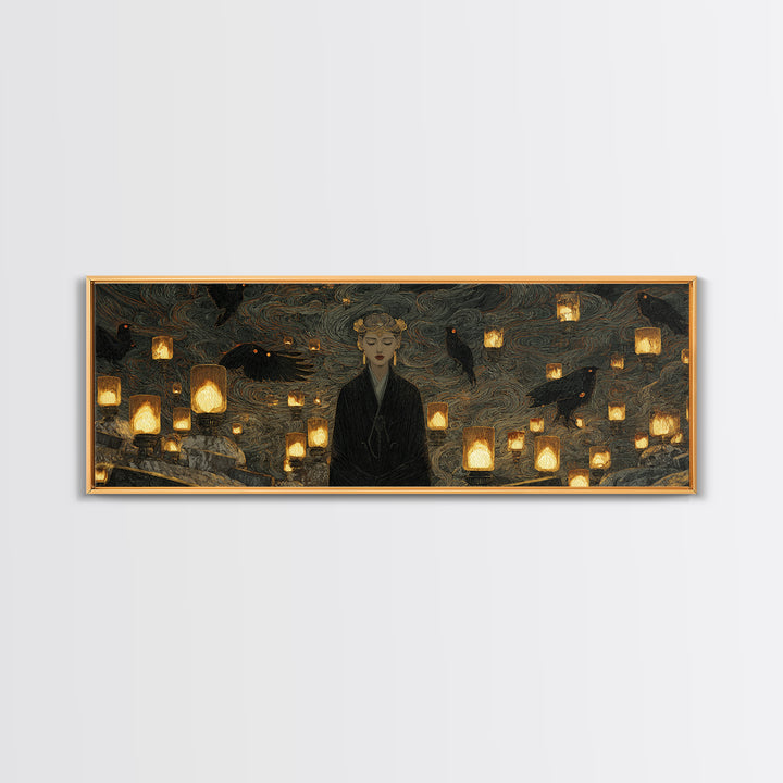 The Cemetery Lantern Festival, Dark Symbolist Art, Extra Wide Wall Art, Macabre Wall Art, Canvas Print, Halloween Wall Art