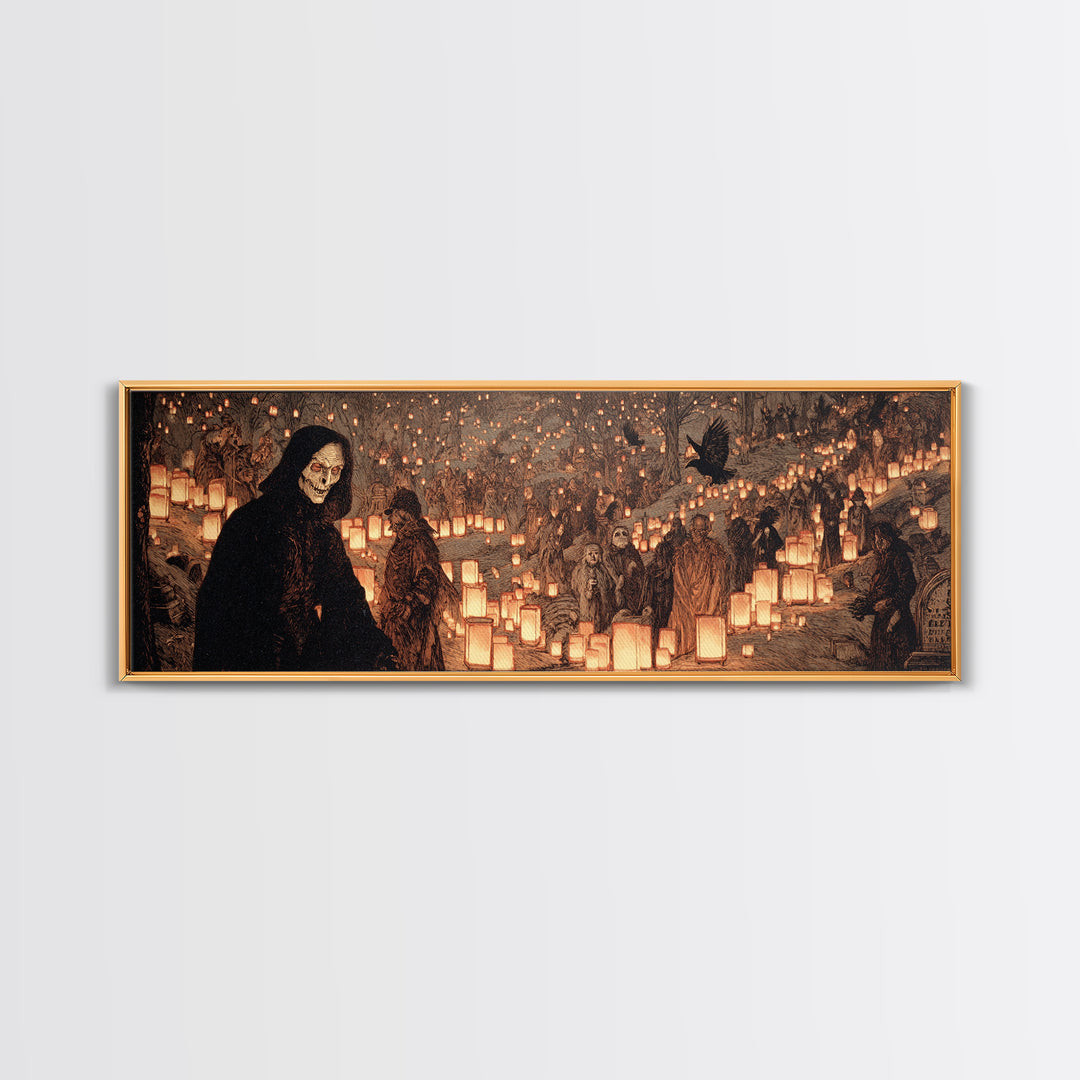 The Cemetery Lantern Festival, Symbolist Etching Art, Extra Wide Wall Art, Macabre Wall Art, Canvas Print, Halloween Wall Art