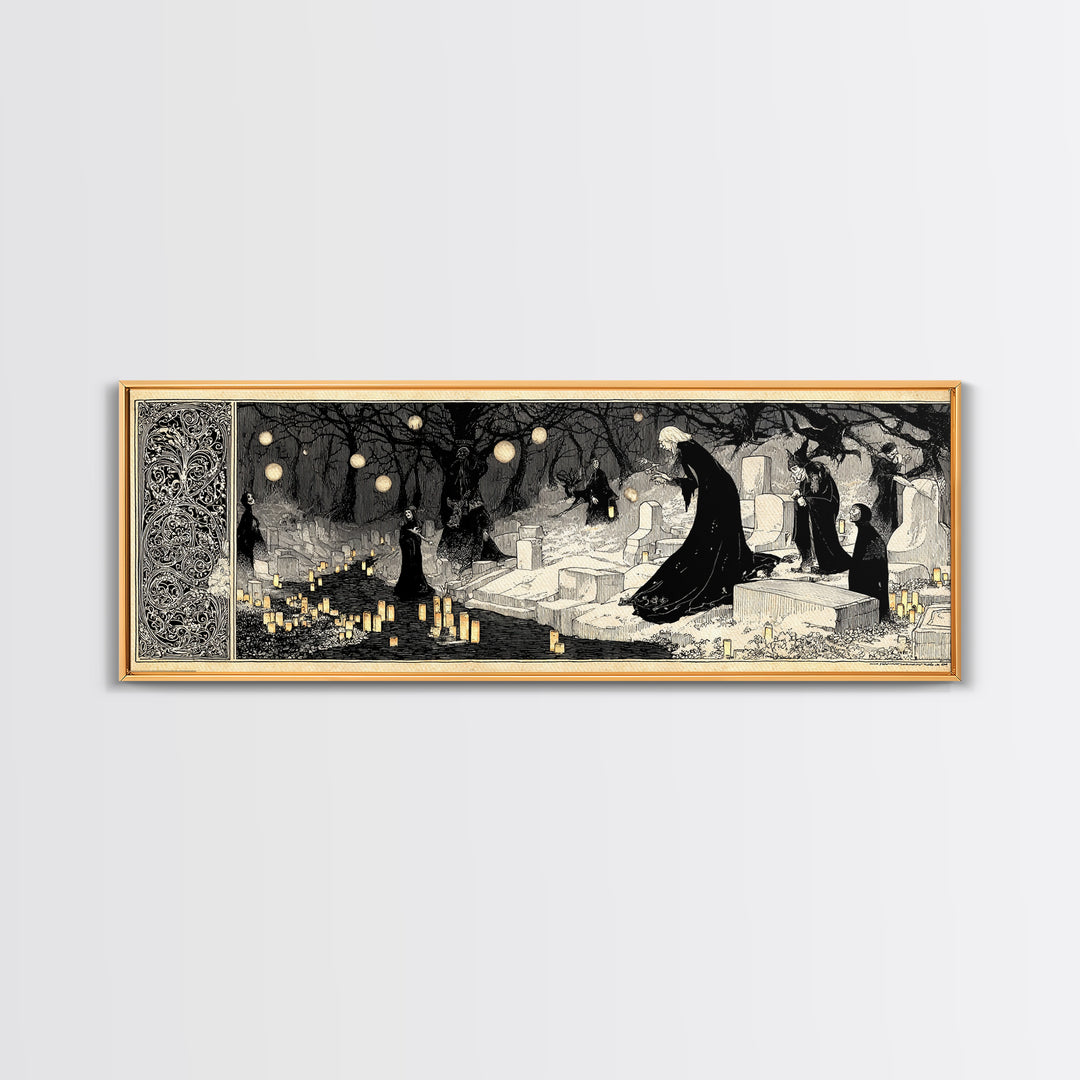 The Cemetery Lantern Festival, Decadent Line Art, Extra Wide Wall Art, Macabre Wall Art, Framed Canvas Print, Halloween Wall Art