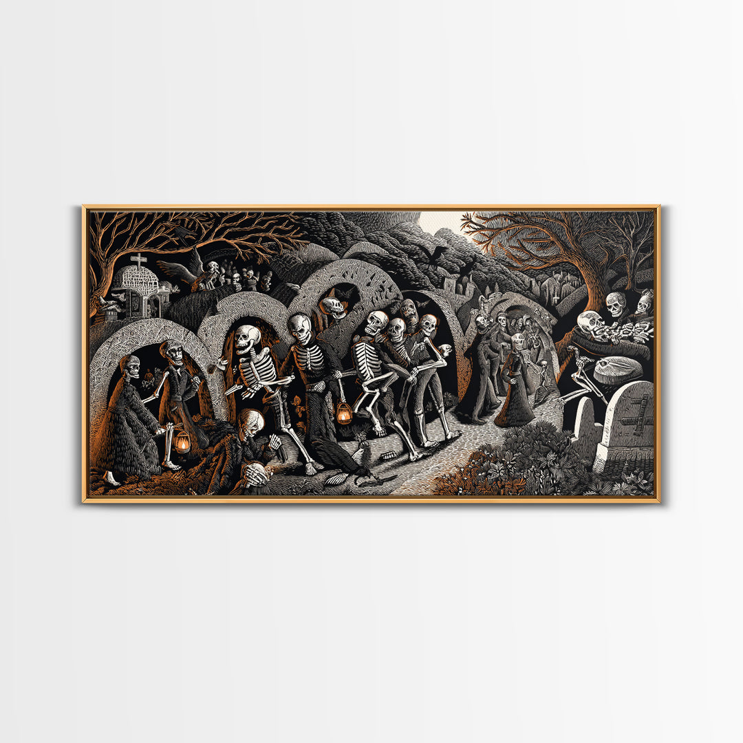 The Cemetery Lantern Festival, Macabre Folk Print Art, Wide Panoramic Art, Dark Halloween Decor, Framed Canvas Print