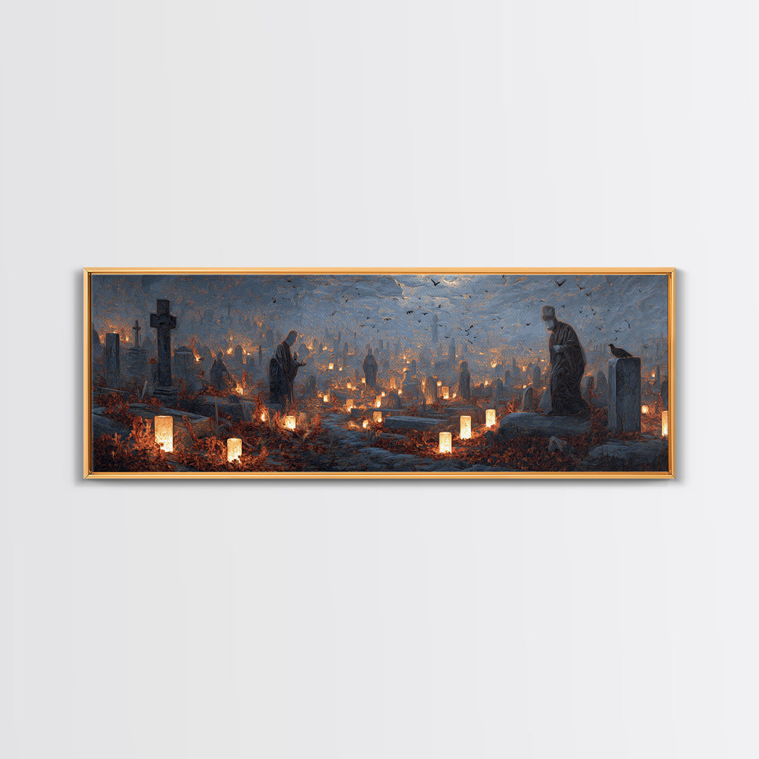 The Cemetery Lantern Festival, Surreal Apocalyptic Art, Extra Wide Wall Art, Gothic Horror Wall Art, Canvas Print, Halloween Decor