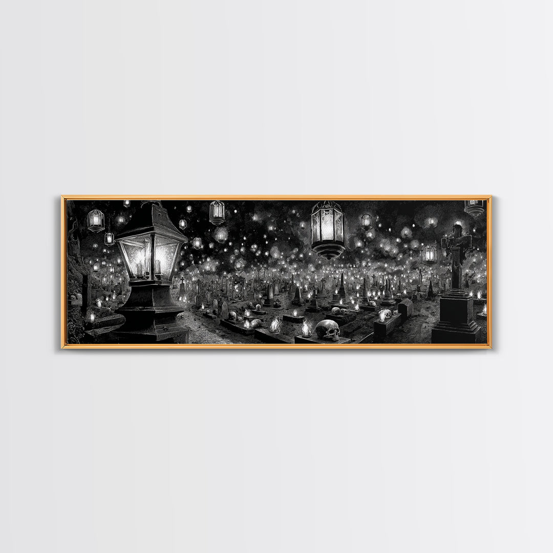 The Cemetery Lantern Festival, Biomechanical Horror Art, Extra Wide Wall Art, Gothic Horror Wall Art, Framed Canvas Print
