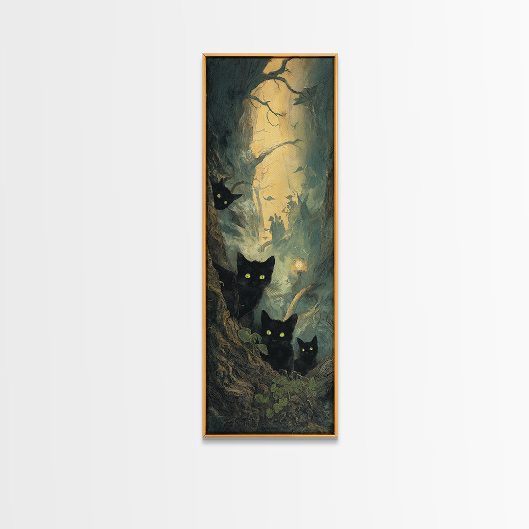 The Black Cat Gathering, Gothic Engraving Art, Tall Narrow Wall Art, Gothic Horror Wall Art, Framed Canvas Print, Halloween Wall Art