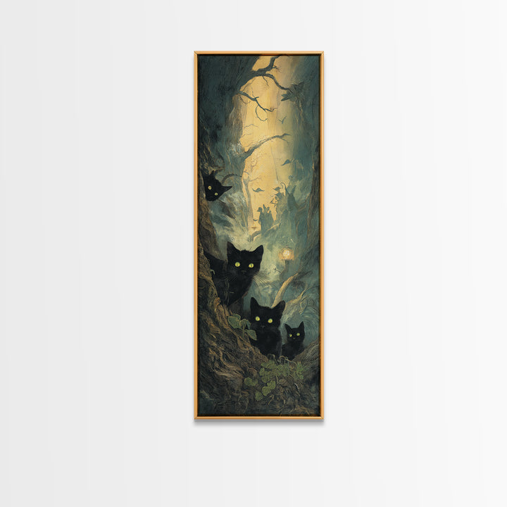 The Black Cat Gathering, Gothic Engraving Art, Tall Narrow Wall Art, Gothic Horror Wall Art, Framed Canvas Print, Halloween Wall Art